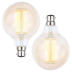 2 Pack Of 6W LED BC B22 Vintage Filament Large Globe Bulb, Tinted