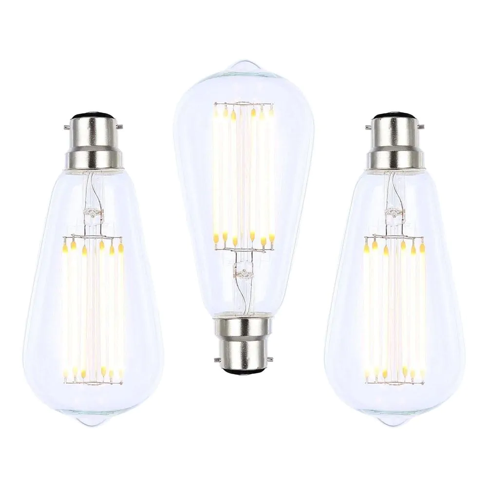 3 Pack Of 6W LED BC B22 Vintage Filament Teardrop Bulb, Clear