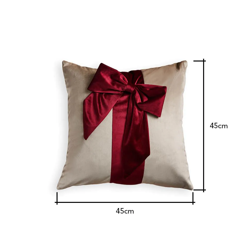 Velvet Bow Gift Wrap Cushion, Red And Natural - Image 4