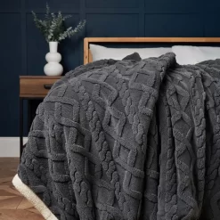 Cable Knit Throw With Sherpa Backing, Charcoal