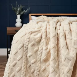Cable Knit Throw With Sherpa Backing, Cream