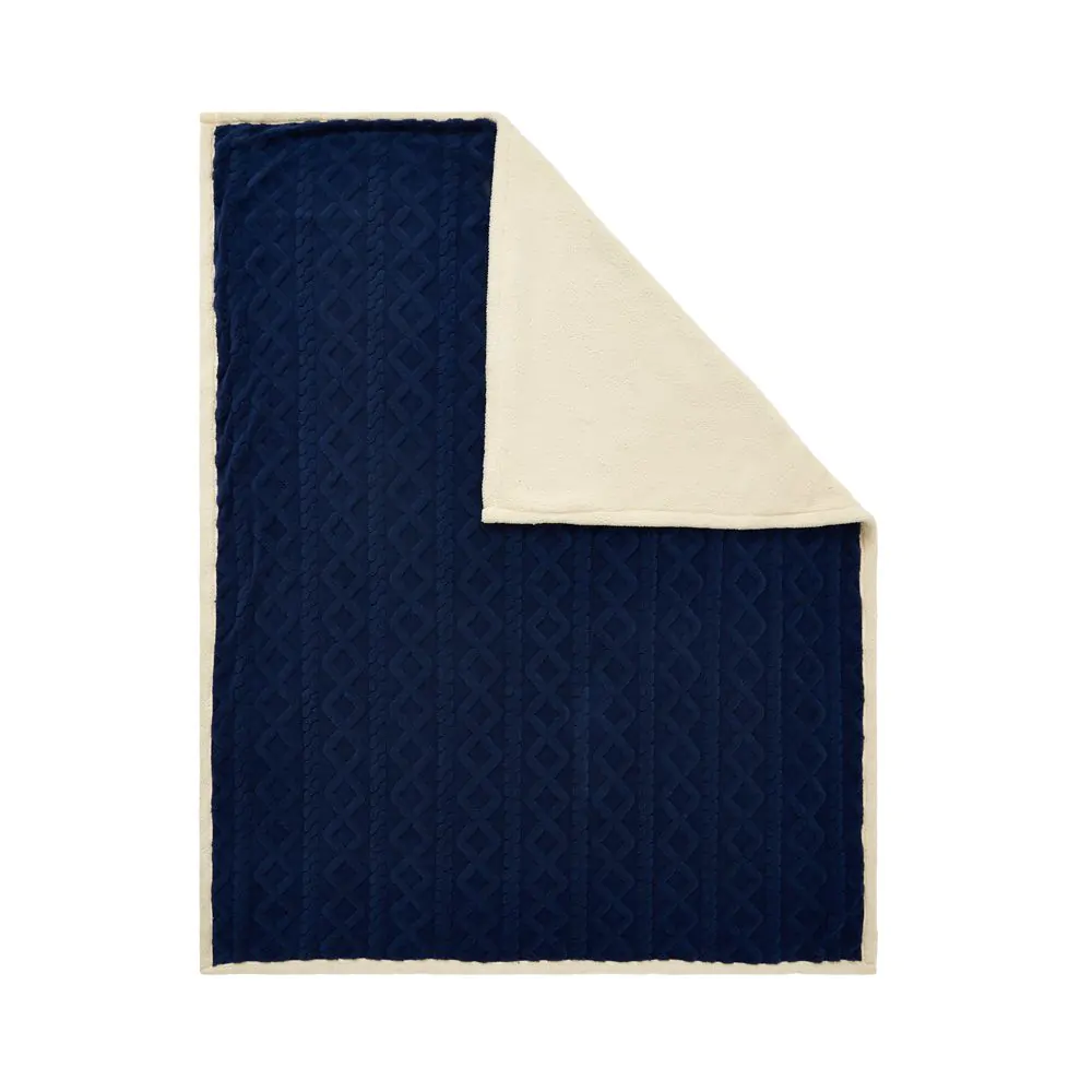 Cable Knit Throw With Sherpa Backing, Navy - Image 2