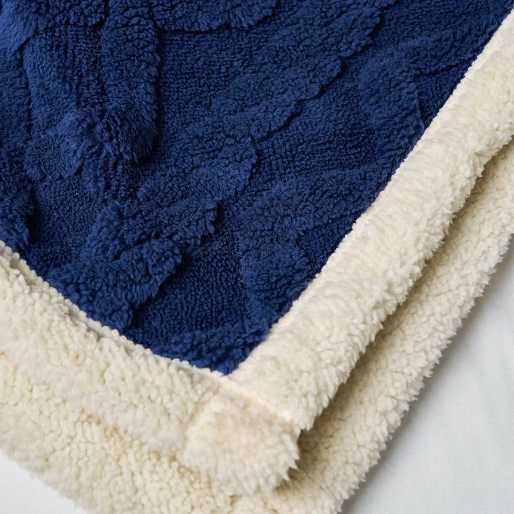 Cable Knit Throw With Sherpa Backing, Navy - Image 3