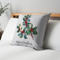 Christmas Holly Print Cushion, Natural