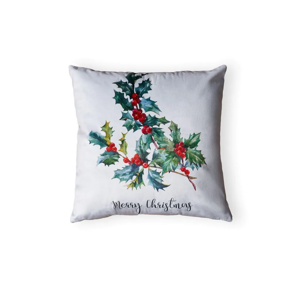 Christmas Holly Print Cushion, Natural - Image 2