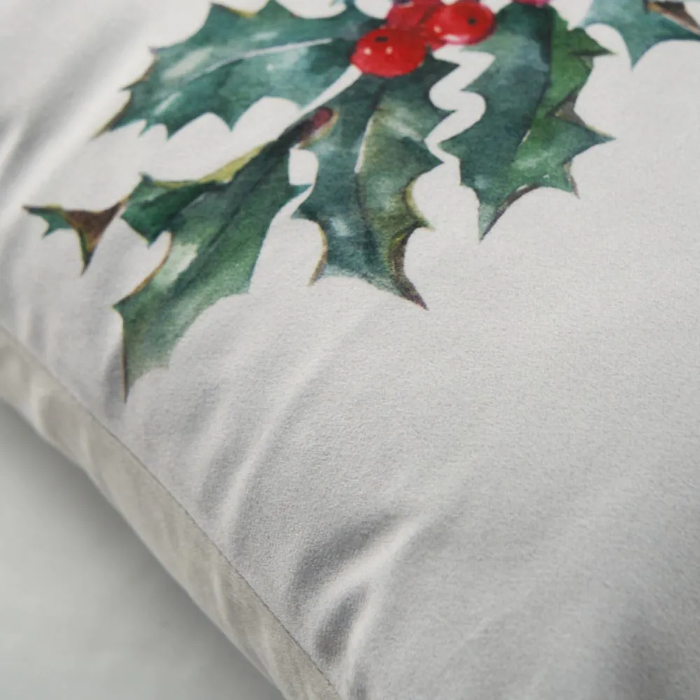 Christmas Holly Print Cushion, Natural - Image 3