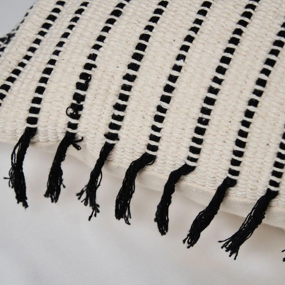 100% Cotton Stripe Cushion With Fringe, Black - Image 3