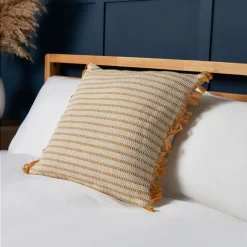 100% Cotton Stripe Cushion With Fringe, Ochre