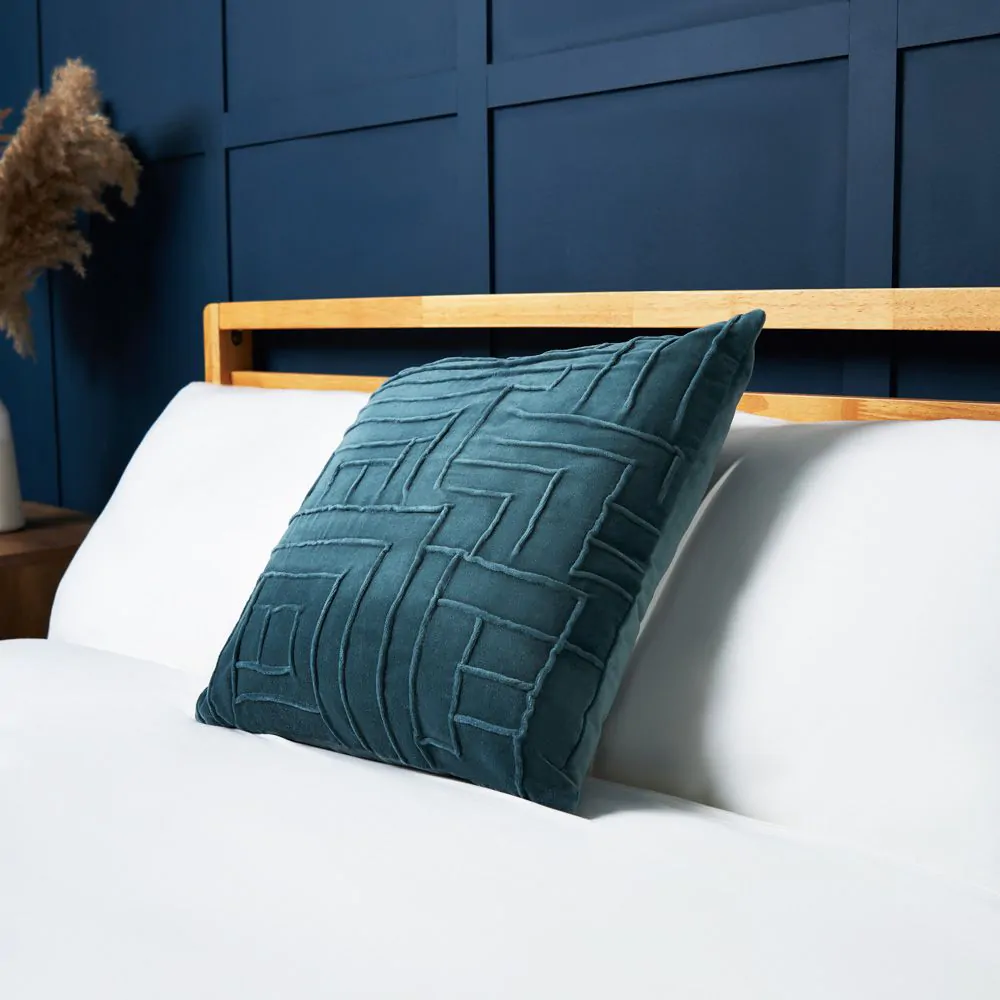 Cotton Velvet Cushion With Embroidered Design, Petrol