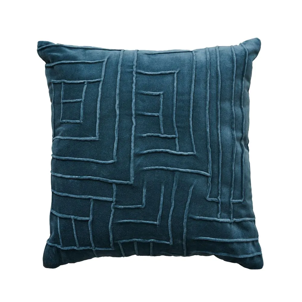 Cotton Velvet Cushion With Embroidered Design, Petrol - Image 2
