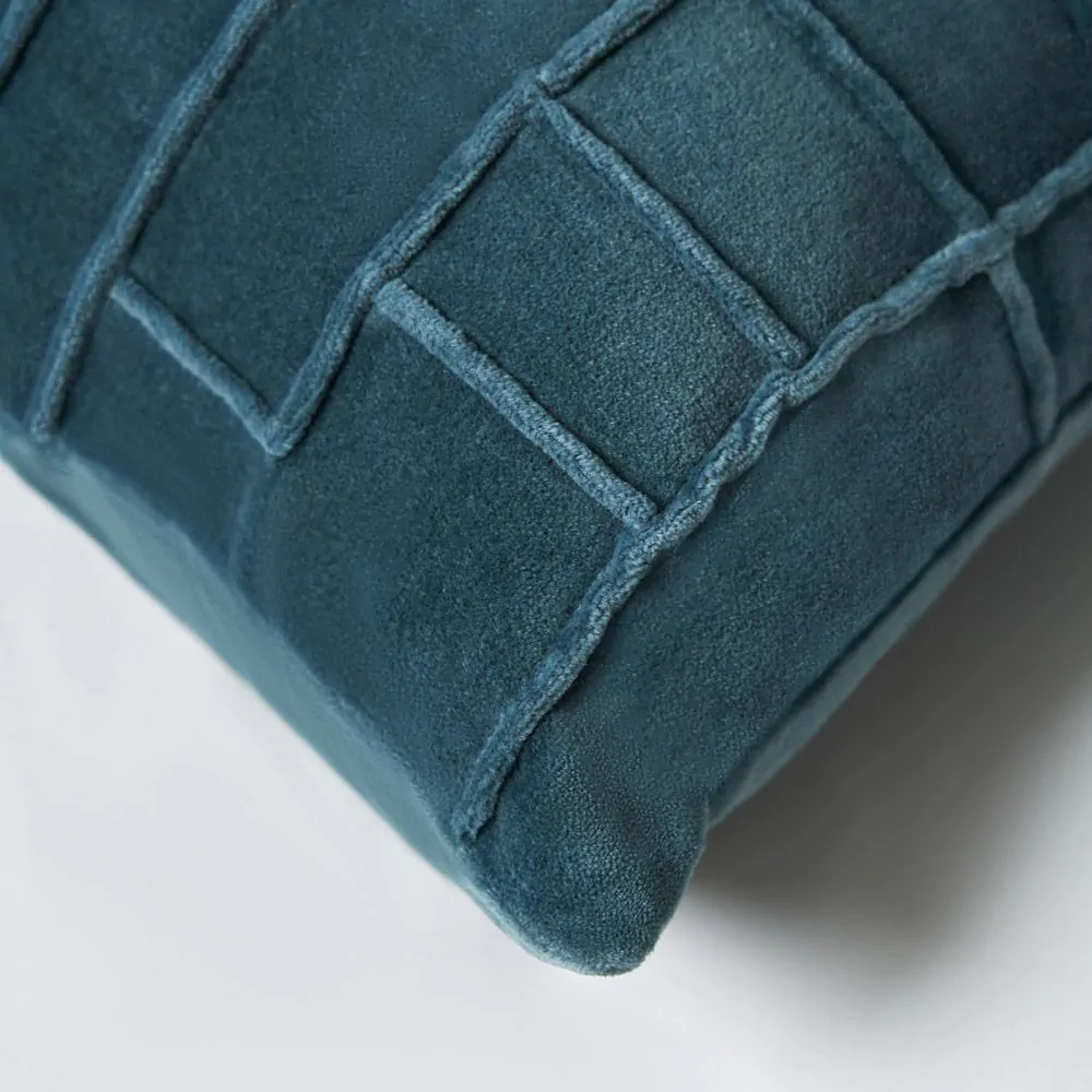 Cotton Velvet Cushion With Embroidered Design, Petrol - Image 3