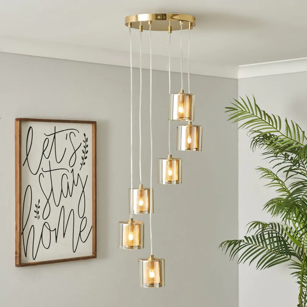 Farah Ceiling Pendant Light With Champagne Glass Shades, Satin Brass - Image 2