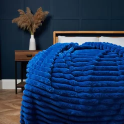 Jumbo Cord Throw With Plain Velvet Backing, Cobalt Blue