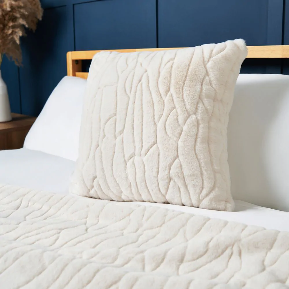 Luxury Embossed Rabbit Faux Fur Cushion, Cream