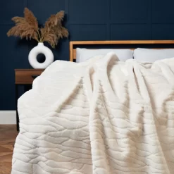Luxury Embossed Rabbit Faux Fur Throw, Cream