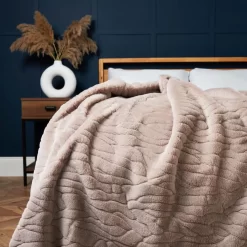 Luxury Embossed Rabbit Faux Fur Throw, Tan