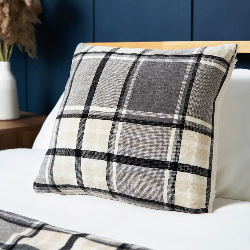 Luxury Warm Check Cushion With Sherpa, Grey