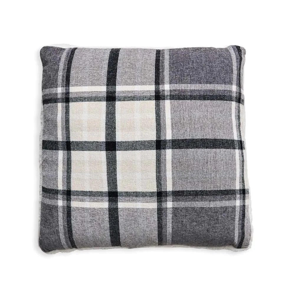 Luxury Warm Check Cushion With Sherpa, Grey - Image 2