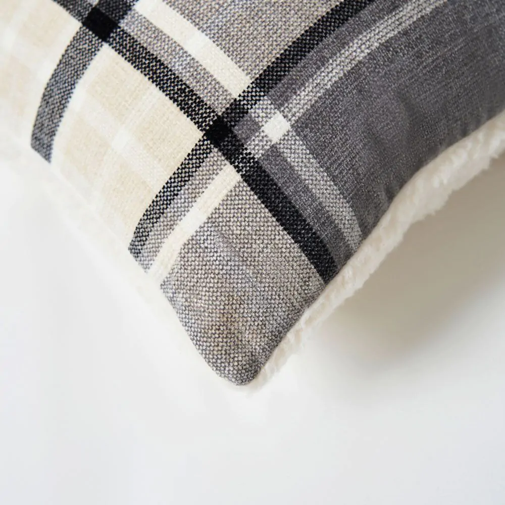 Luxury Warm Check Cushion With Sherpa, Grey - Image 3