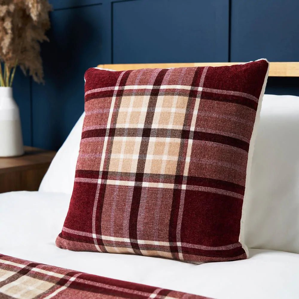 Luxury Warm Check Cushion With Sherpa, Red