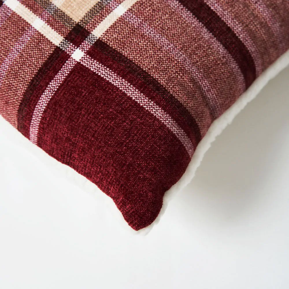 Luxury Warm Check Cushion With Sherpa, Red - Image 3