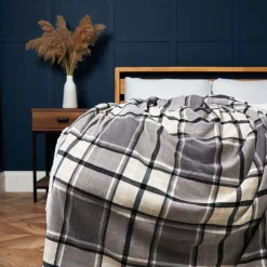 Luxury Warm Check Throw With Sherpa, Grey