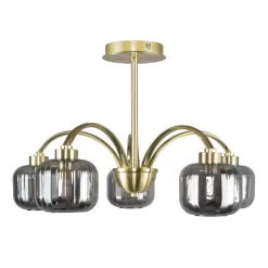 Lyna Large Semi Flush Ceiling Light With Smoked Glass Shades, Satin Brass