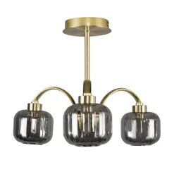 Lyna Small Semi Flush Ceiling Light With Smoked Glass Shades, Satin Brass