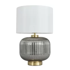Lyna Table Lamp With Smoked Glass Base And White Shade, Satin Brass