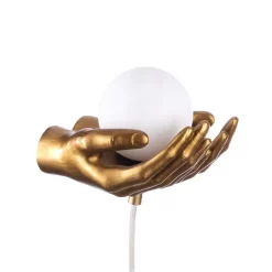 Max Hands Holding Ball Wall Or Table Lamp, Antique Brass