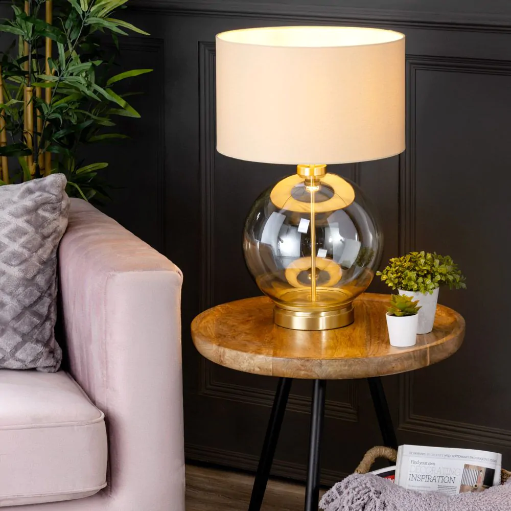 Metro Clear Glass Sphere Table Lamp, Satin Brass And Champagne - Image 2