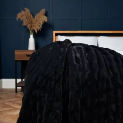 Ruched Faux Fur Throw, Black
