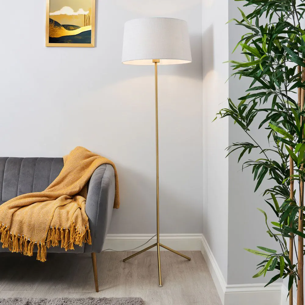 Stassy Tripod Feet Floor Lamp With White Shade, Satin Brass - Image 2