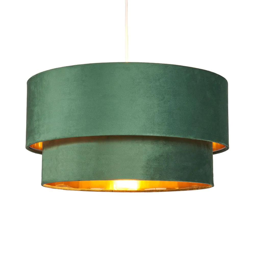 Tia Super Size Tiered Velvet Shade With Brass Lining, Green
