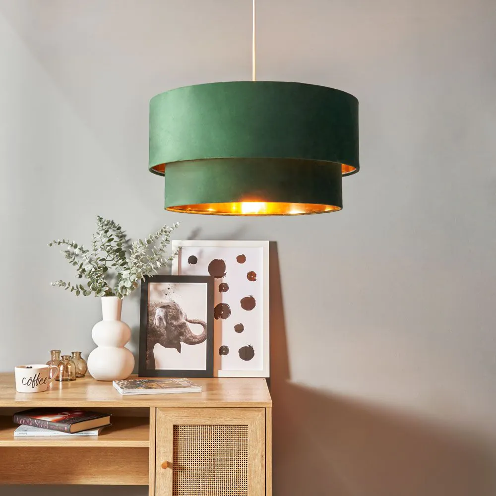 Tia Super Size Tiered Velvet Shade With Brass Lining, Green - Image 2