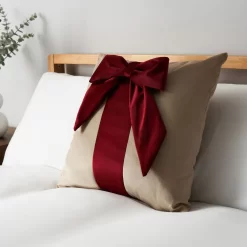 Velvet Bow Gift Wrap Cushion, Red And Natural