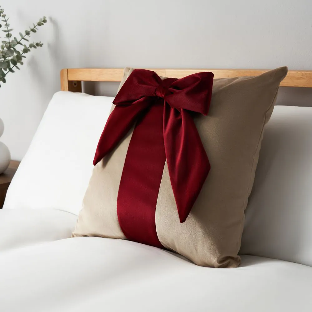 Velvet Bow Gift Wrap Cushion, Red And Natural