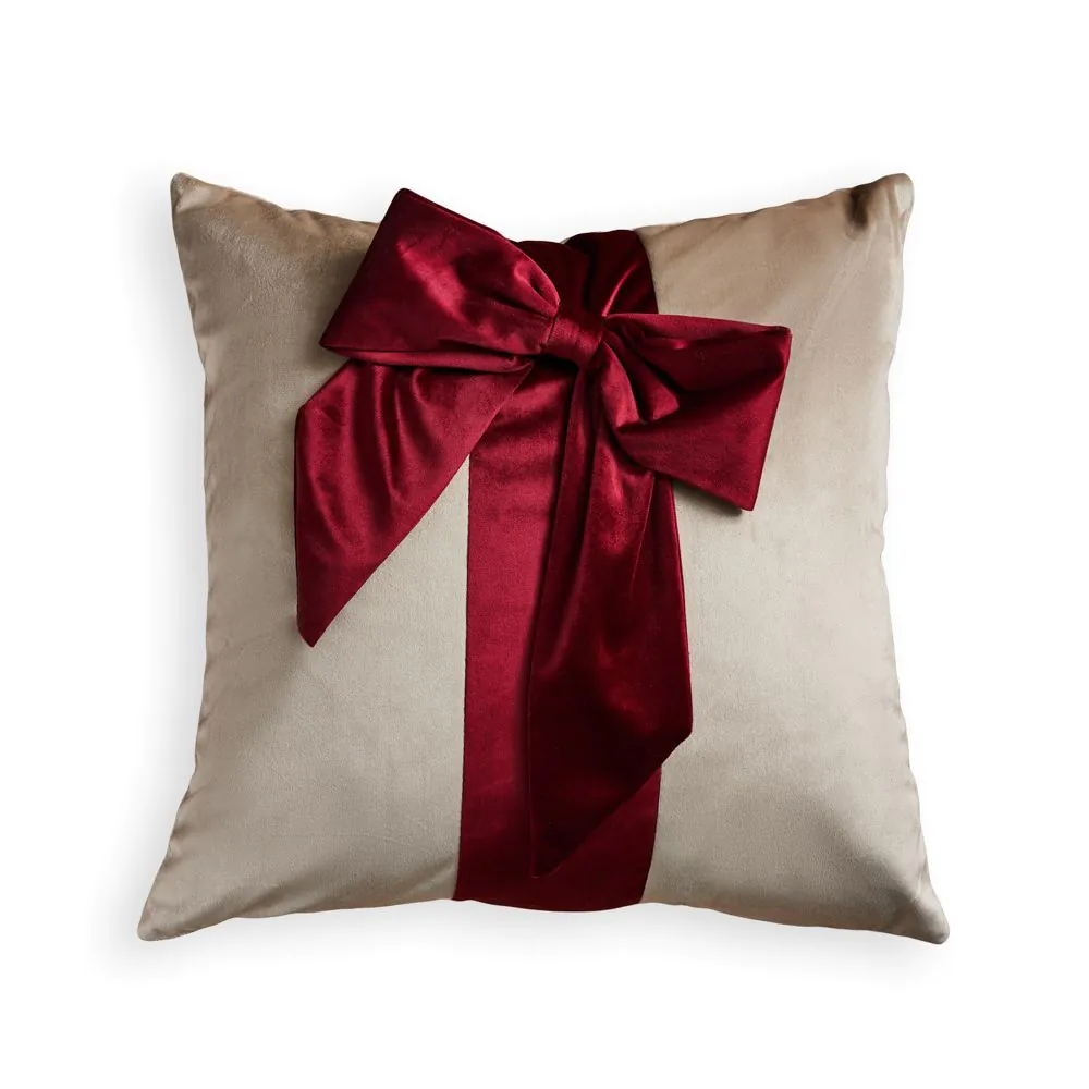 Velvet Bow Gift Wrap Cushion, Red And Natural - Image 2