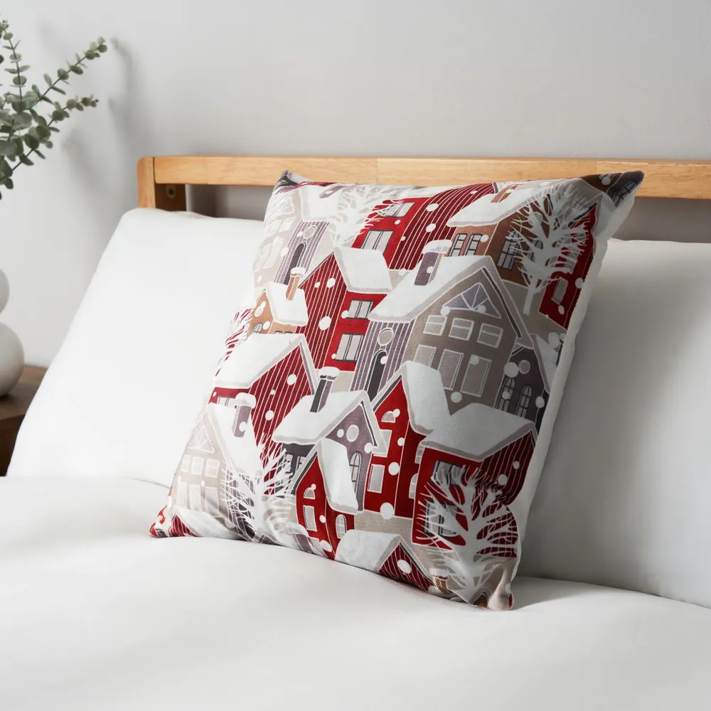 Winter Town Cushion, Red And White