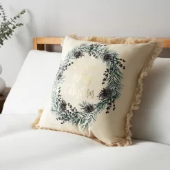 Wish You A Merry Christmas Cushion With Foil Design And Fringe Trim, Cream